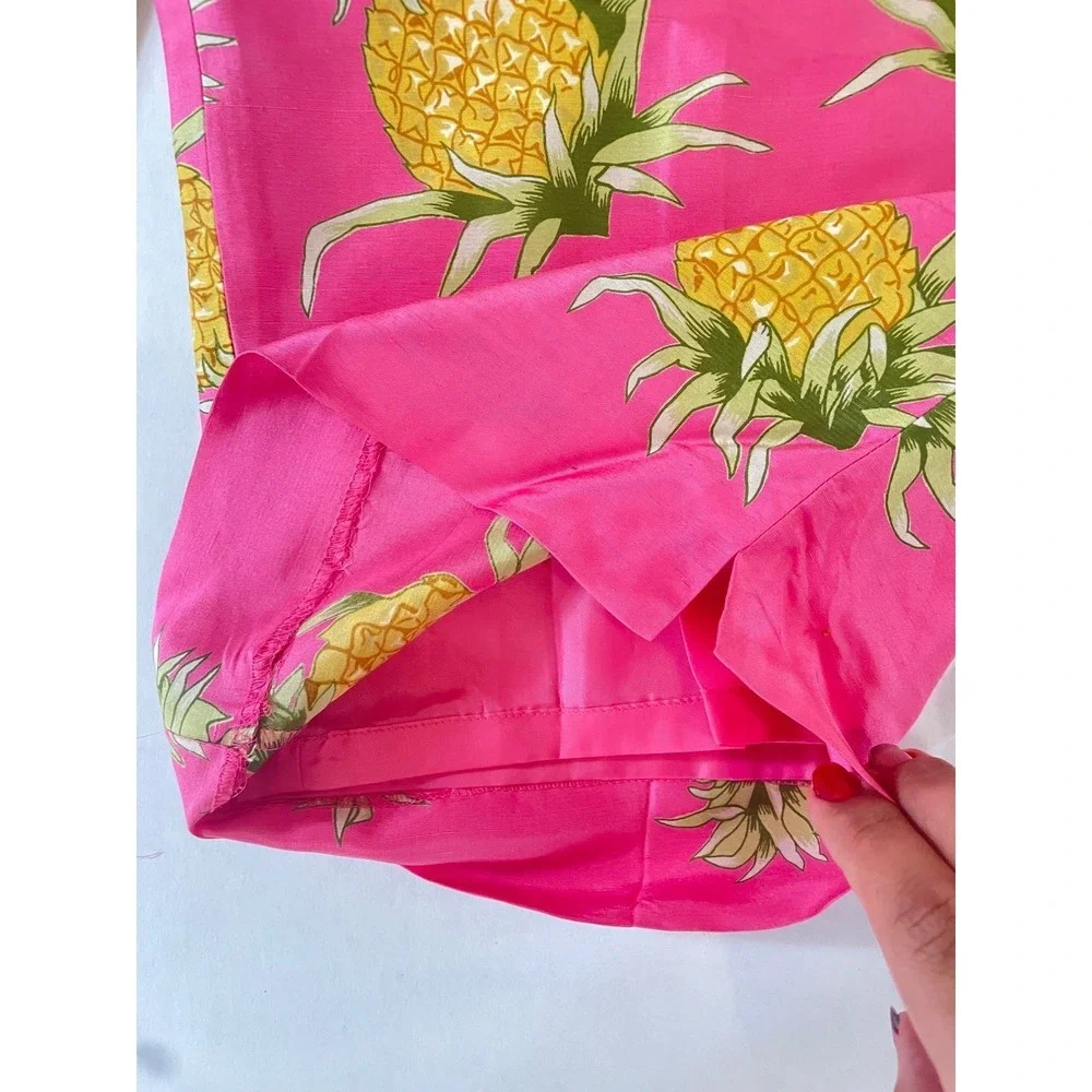 Pink Pineapple Print Silk Pants Tropical Vintage‎ Y2K Resort Wide Leg Size 6